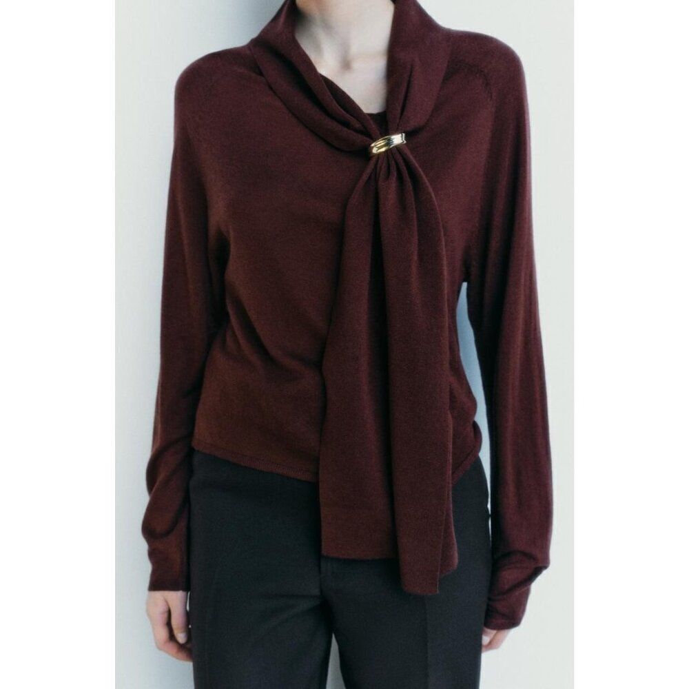 Zara Womens Sweater Brooch L Wine Red Brown Wool Blend 2142/151 NWT